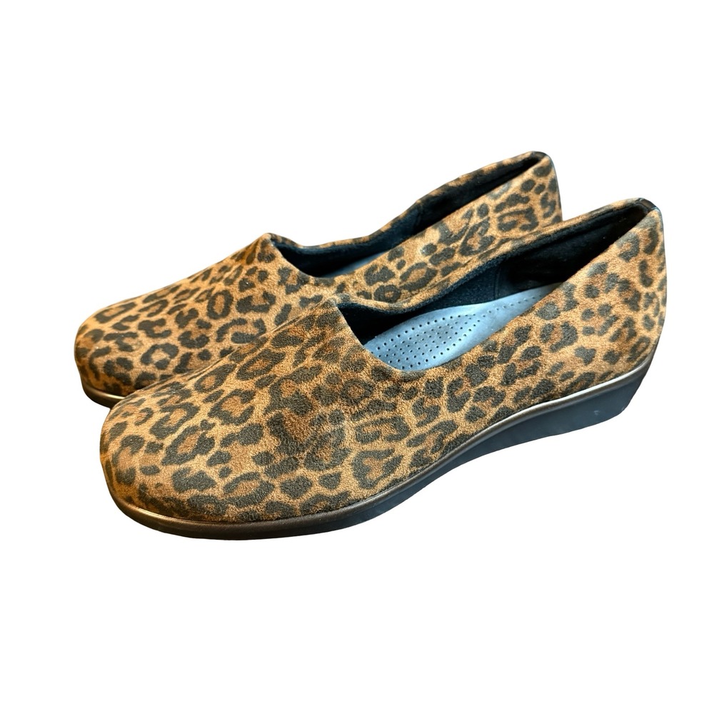SAS Bliss Slip On Wedge Loafers Black Leopard Comfort Shoes Womens Sz 8.5 W Wide